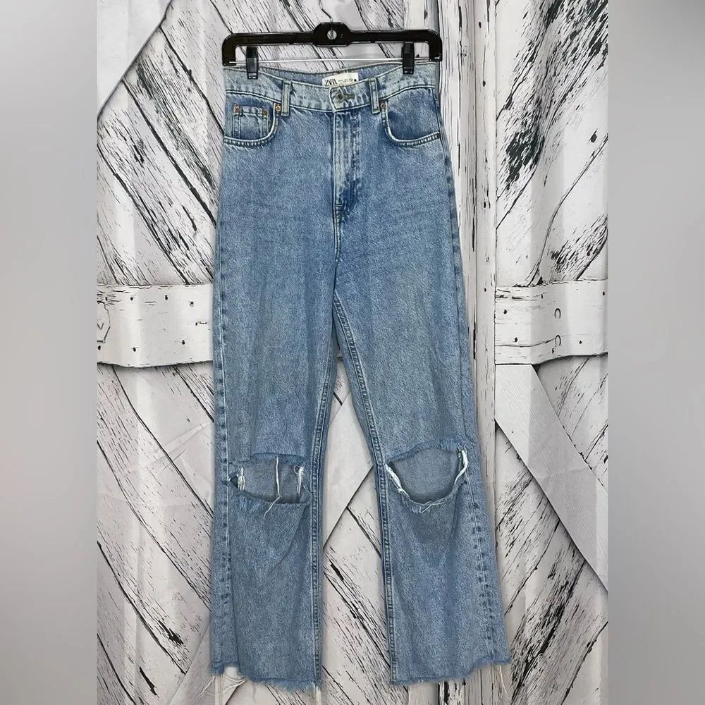 Zara The 90’s Full Length Wide Leg Jeans Ripped Knees 2